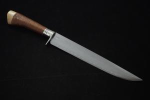 Yoshihiko Akitomo Hunting Knife Damascus Midaremontan Yoroidoshi 270㎜・Double  Bevel (Black ishime-nuri saya & Brown string/normal sharpening)