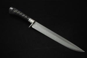 Yoshihiko Akitomo Hunting Knife Damascus Midaremontan Yoroidoshi 270㎜・Double  Bevel (Balck saya with Crocodile leather & red coral/normal sharpening)