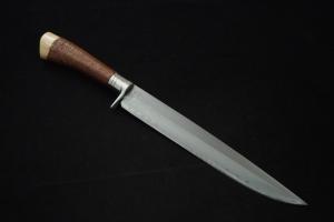 Yoshihiko Akitomo Hunting Knife Damascus Midaremontan Yoroidoshi 270㎜・Double  Bevel (Balck saya・brawn handle/normal sharpening)